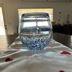 Hand blown art glass bowl/vase confetti effect with small pieces of blue glass
